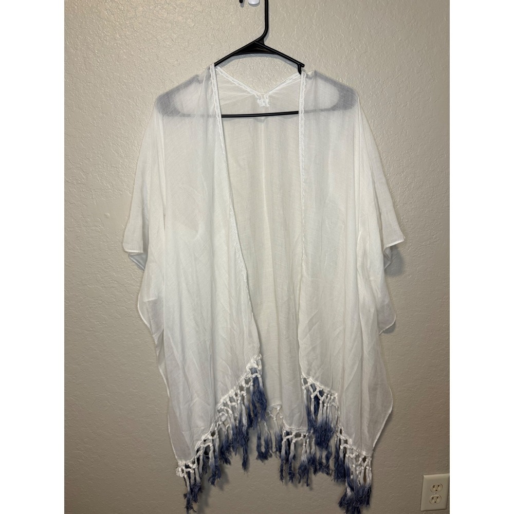 White Kimono Cover Up with Blue Ombre Tassels Beach Pool Resort Wear